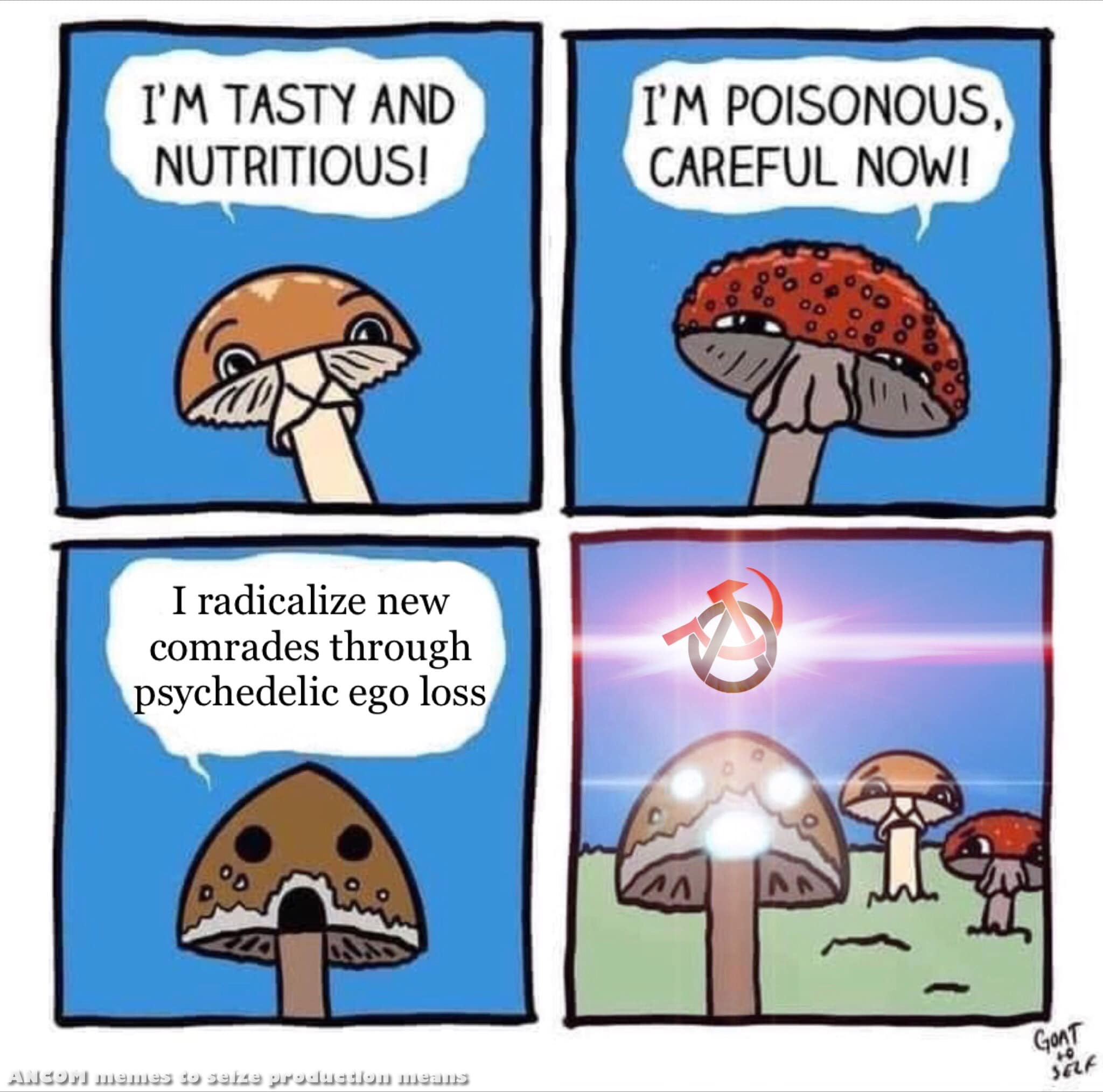 Okay, let's break down this meme through several theoretical lenses. It's a surprisingly rich image for a simple four-panel comic. **Visual Description** The meme is a four-panel comic rendered in a simple, cartoonish...