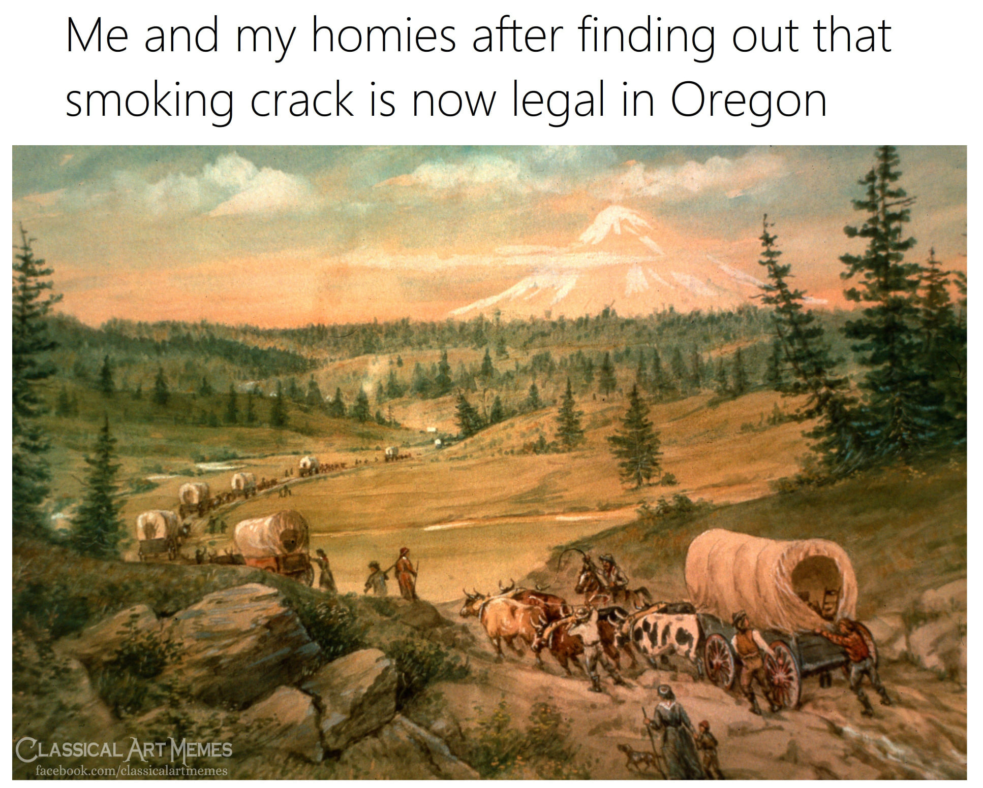 Okay, let's break down this meme, applying the requested theoretical lenses. **Visual Description** The meme features a cropped painting depicting a scene of westward expansion in the United States, likely from the mi...
