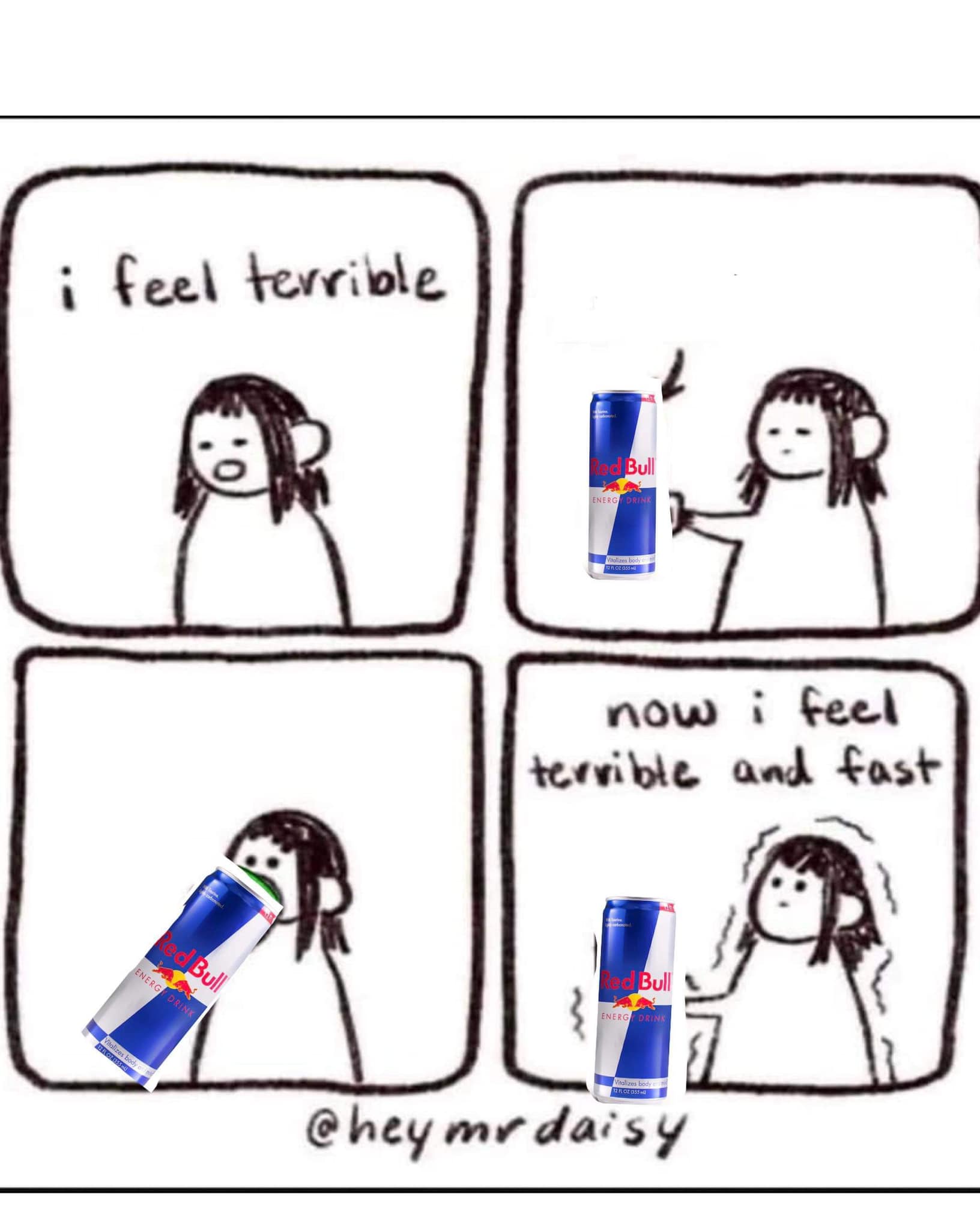 Okay, here's an analysis of the image, broken down into sections as requested, focusing on the sections that best apply. ## Visual Description The image is a four-panel cartoon drawn in a simplistic, sketchy style. Th...