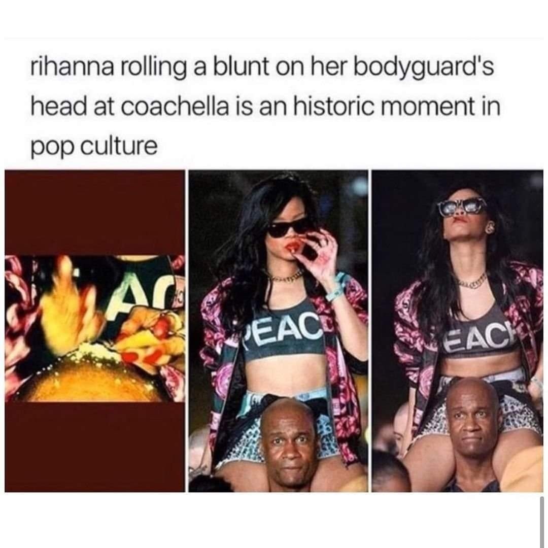 Okay, let's break down this image of Rihanna rolling a blunt on her bodyguard’s head at Coachella through the lenses you've requested. It’s a rich moment ripe for analysis! Here's a breakdown with headings, addressing...