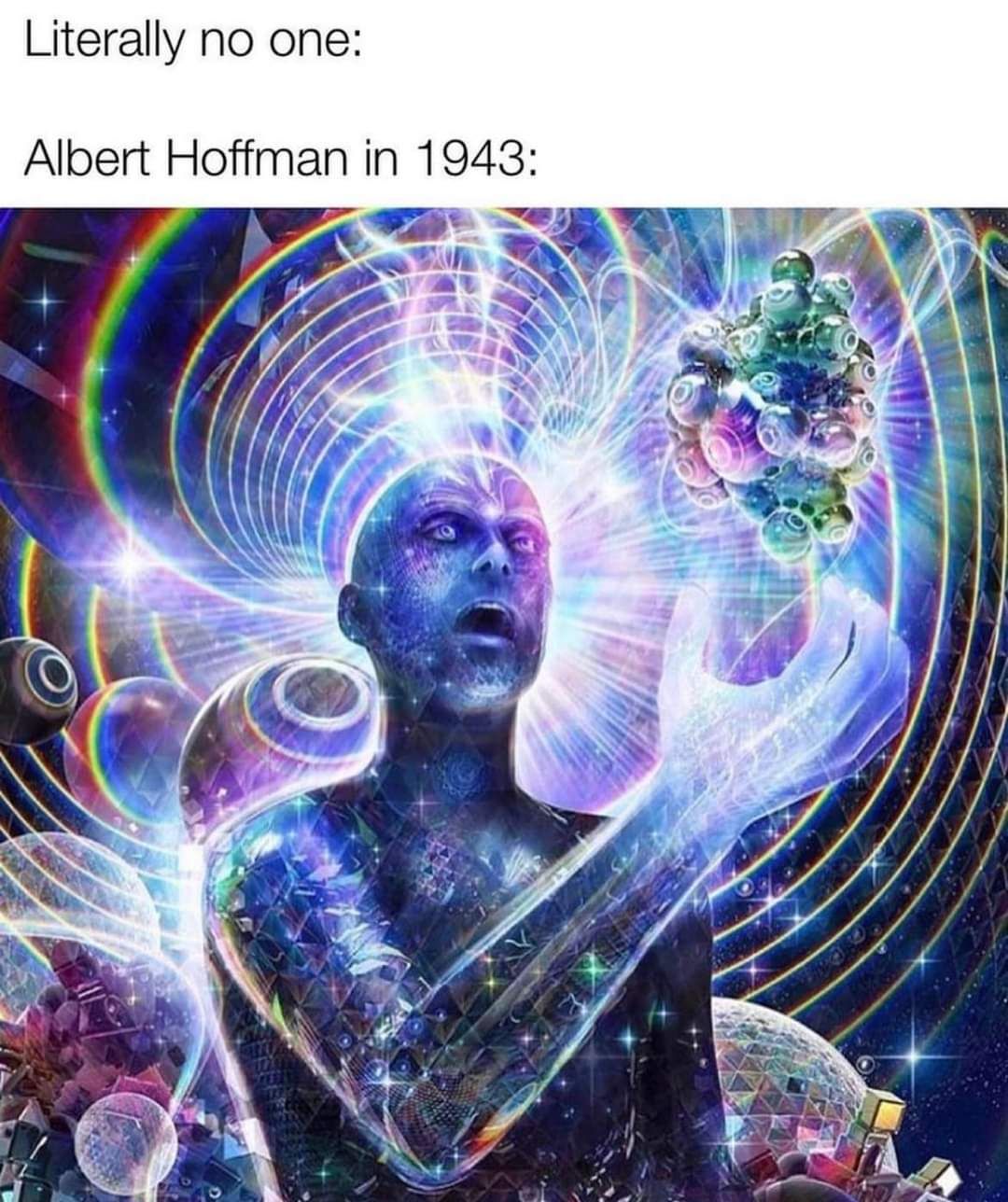 Okay, let's break down this image, using the requested theoretical lenses. It's a heavily manipulated, digitally-created image featuring a photograph of Albert Hofmann (the chemist who discovered LSD) in a cosmic/spir...