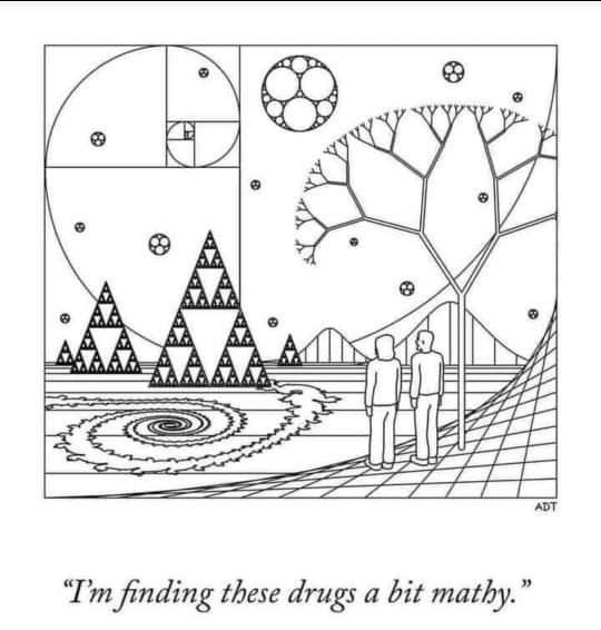 The meme is a play on the concept of "mathy" (mathematical) drugs, which is a humorous and absurd idea. The image is a visual representation of a mathematical concept, with the text "I'm finding these drugs a bit math...