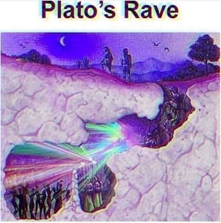 The meme is a play on the concept of a "rave" (a party with electronic music and often with a focus on drugs) and the ancient Greek philosopher Plato's philosophical ideas, specifically his "Rave" (a play on words, wh...