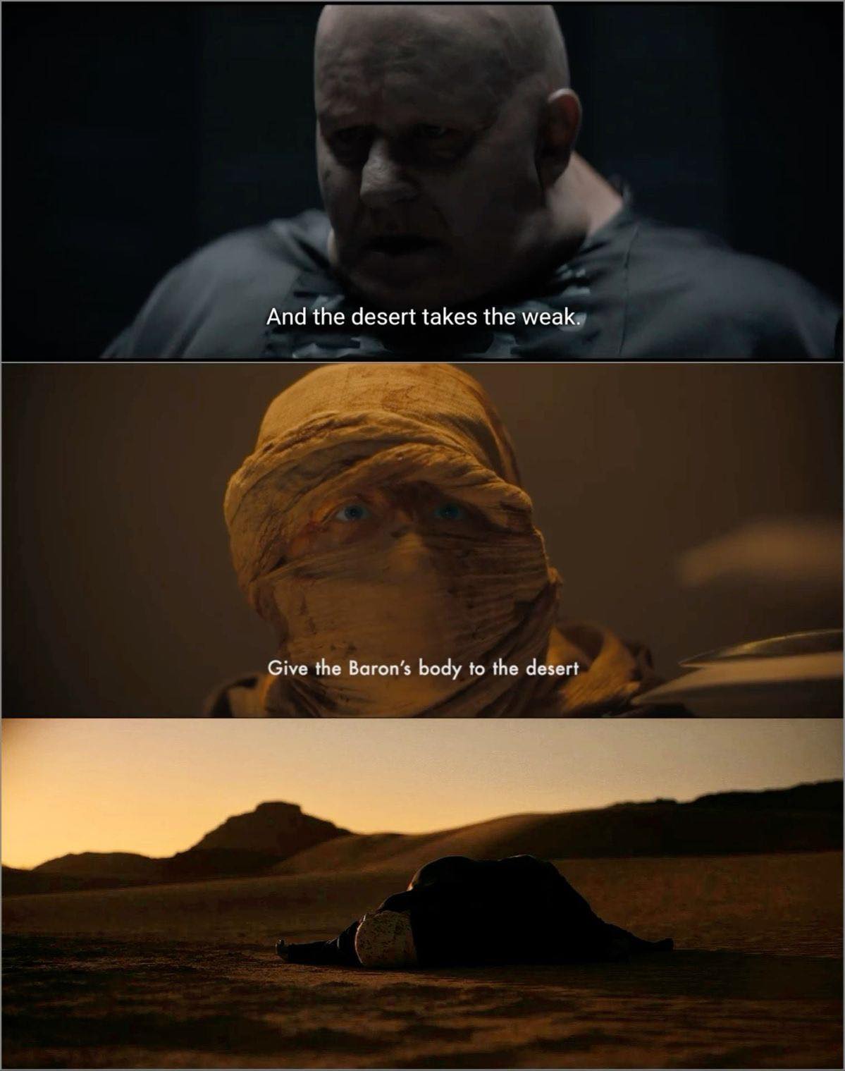Based on the context of Frank Herbert's *Dune* series, this meme depicts a grim scene featuring Brian Drax (the bald leader) and Manderion (the bandaged warrior) lying on the sands of Arrakis at sunset. The text sugge...