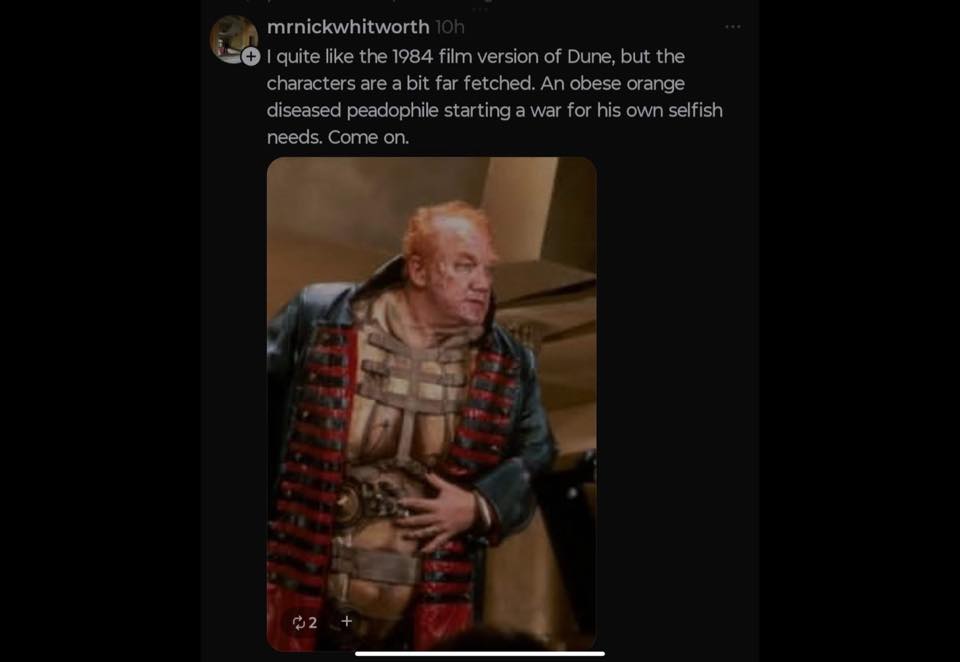 This meme features actor Michael G. Wilson, who plays the main character Paul Atreides in *Dune: Part Two*. The caption mocks the movie for having highly unrealistic and exaggerated characters, specifically comparing...