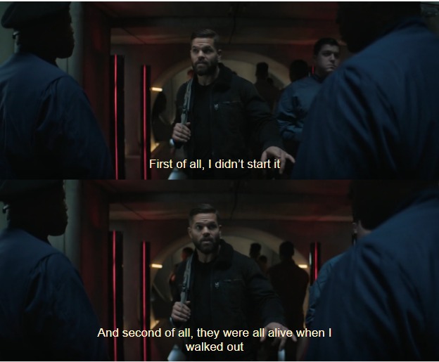 Okay, let's break down this image with the requested theoretical frameworks. **Visual Description** The image is a split-screen, likely taken from a film or television series, featuring a heavily armed John Wick (Kean...