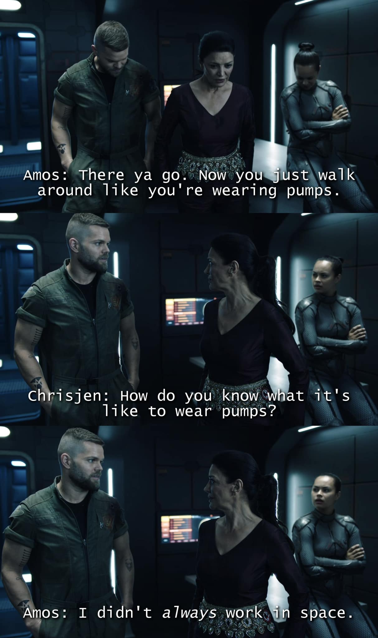 Okay, let's break down this image from "The Expanse" through a series of analytical lenses, based on the prompts provided. Please note that some lenses will be more applicable than others given the short exchange. **I...