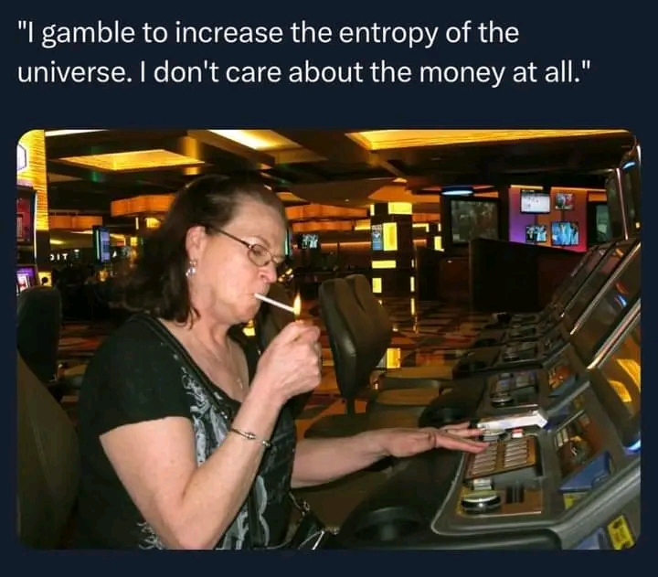 This meme personifies **entropy** by framing the act of gambling as an active effort to increase physical disorder. By stating she "gambles to increase the entropy of the universe," it argues that modern humanity will...