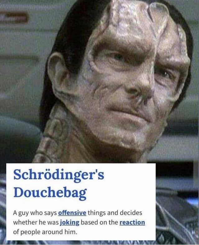 Okay, let's break down this image and its associated definition ("Schrödinger's Douchebag") through the lenses of various theoretical frameworks. **Please Note:** These frameworks are complex, and applying them requir...