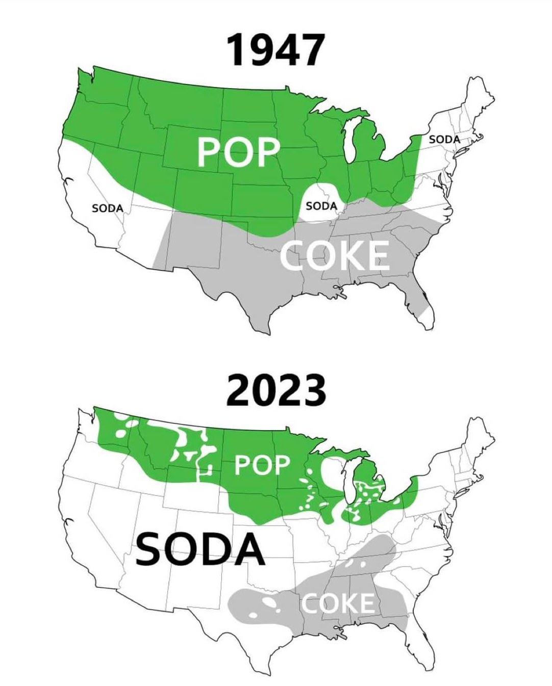 Okay, here's an analysis of the provided map comparing regional preferences for "Pop", "Coke", and "Soda" across the United States in 1947 and 2023, broken down into sections as requested. I'll only include sections w...