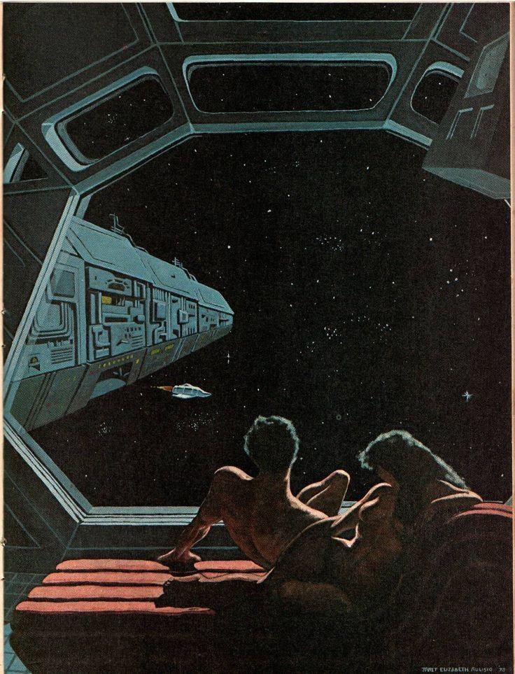 Okay, let's break down this image with the requested analytical lenses. **Visual Description** The image is a science fiction illustration, likely a book cover or interior artwork from the 1970s, judging by the style....
