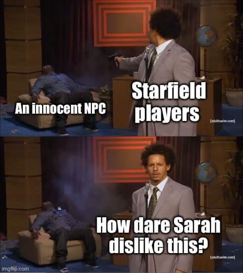 The meme is a humorous take on the Starfield game, a sci-fi RPG from the creators of the Elder Scrolls and Fallout series. The image shows a character from the game, J. D. K. (a parody of a TV show host), holding a gu...