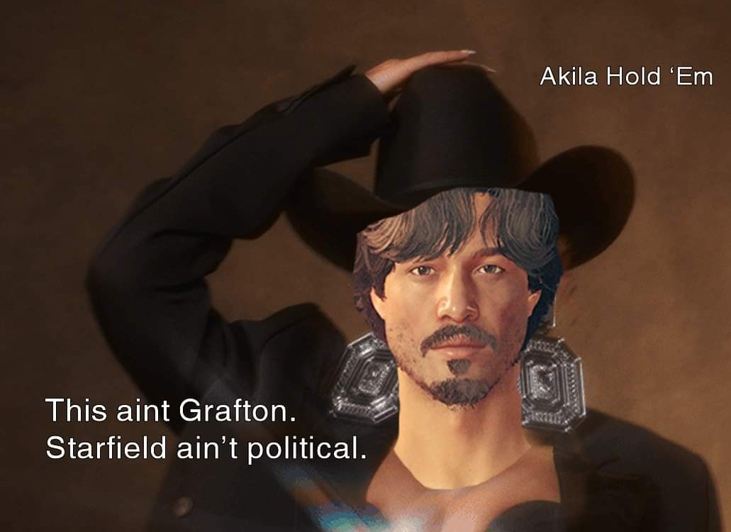 The meme is a photo of a character from the game Starfield, with a caption that pokes fun at the game's lack of politics. The image shows a character with a humorous, over-the-top expression, and the text "This aint G...