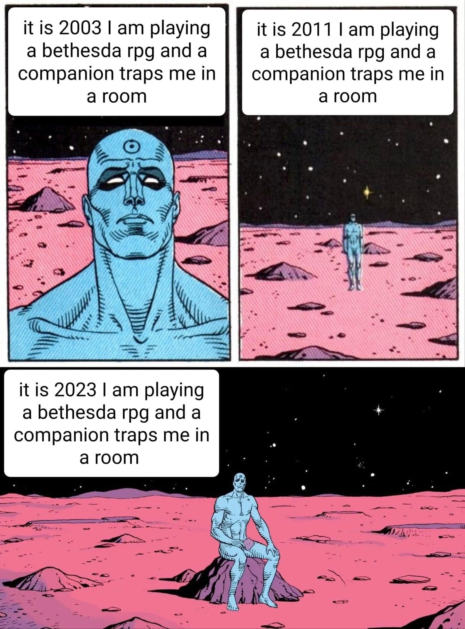 Okay, let's break down this three-panel comic using the theoretical lenses you’ve requested. It's a strangely compelling image sequence, so there's quite a bit to unpack. **Visual Description** The comic is rendered i...