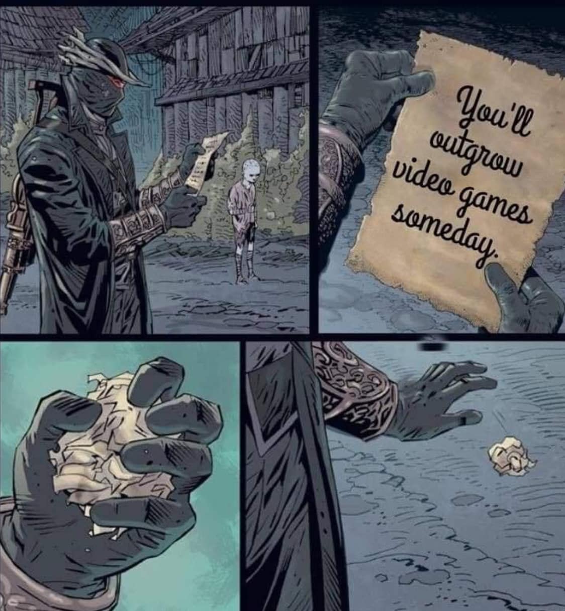 Okay, let's break down the provided comic panel series through several theoretical lenses. **Visual Description** The image is composed of four panels arranged in a grid. The overall aesthetic is gritty and dark, util...