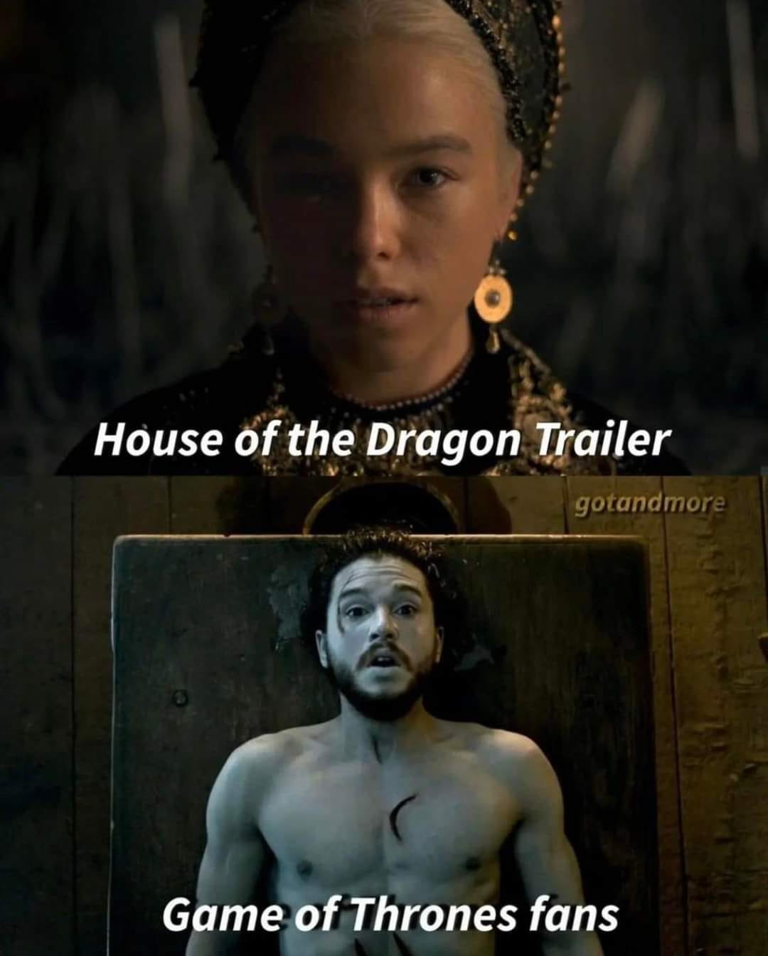 Here's an analysis of the image, broken down into sections as requested. Given the nature of the image (a meme connecting a *House of the Dragon* trailer with the reaction of *Game of Thrones* fans), some of these the...