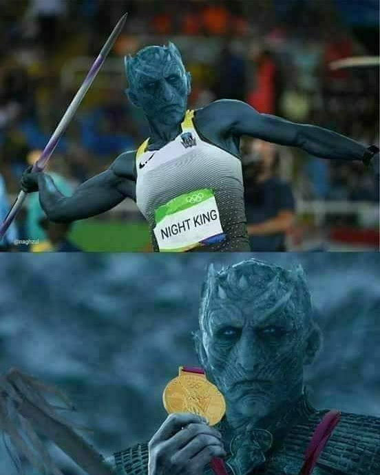Okay, let's break down this image meme, applying the requested theoretical lenses. It's a humorous juxtaposition of the Night King from *Game of Thrones* photoshopped into the body of a javelin thrower, culminating in...