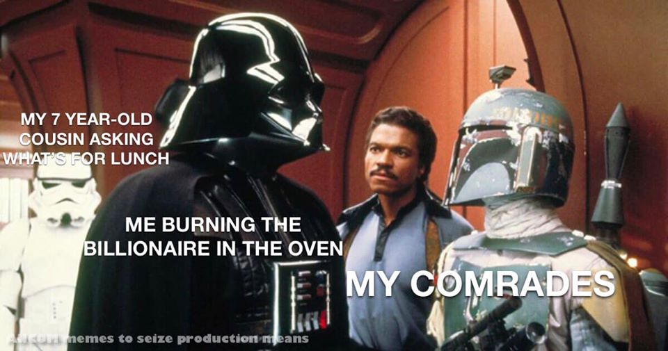 Okay, let's break down this meme through the lenses you've provided. It's a complex image and caption pairing, ripe for a bit of theoretical exploration. ## Visual Description The image is a still from *Star Wars: The...