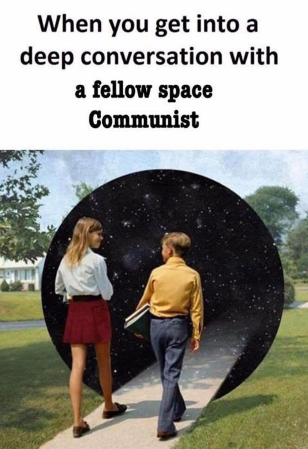 Okay, let's break down this meme image ("When you get into a deep conversation with a fellow communist") through the lenses you've requested, focusing on where those lenses *apply* to the image. **Visual Description**...