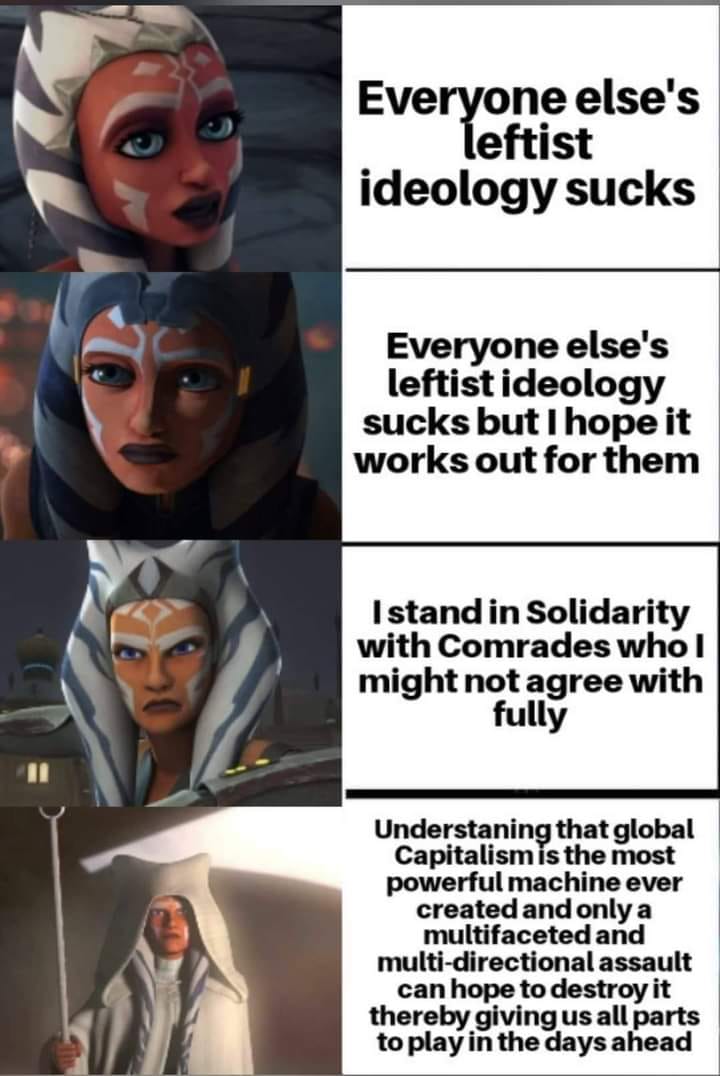 Okay, let's break down this meme (a variation of the Drakeposting format) using the requested theoretical frameworks. **Visual Description** The image is a four-panel Drakeposting meme. It utilizes images of Ahsoka Ta...
