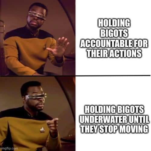 Okay, let's break down this meme through several critical lenses. **Visual Description** The meme utilizes the “Drake Hotline Bling” format. It features two panels of the actor LeVar Burton (best known as Geordi La Fo...