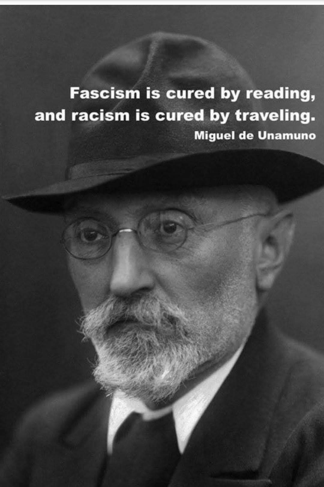 Okay, let's break down this image and the quote attributed to Miguel de Unamuno using the requested theoretical lenses. **Visual Description** The image is a black and white portrait of Miguel de Unamuno, a Spanish es...