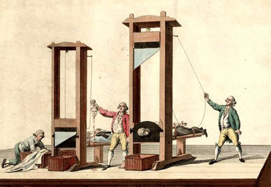 Okay, here's an analysis of the image of the guillotine, broken down into sections as requested. I'll indicate if a heading is not applicable. **Visual Description** The image is a hand-colored etching depicting three...