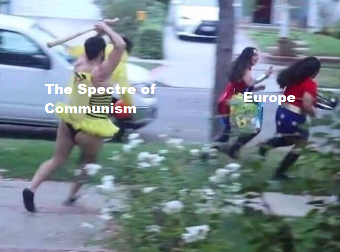 Okay, let's break down this image through a series of theoretical lenses. It's a fascinating image ripe for interpretation, and the textual overlays ("The Spectre of Communism," "Europe") add further complexity. **1....