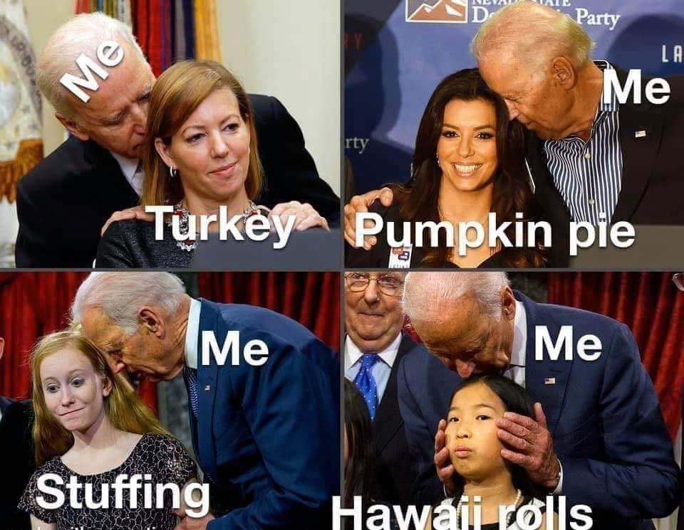 Okay, let's break down this image, a series of four photos of Joe Biden with different women, each labeled with a Thanksgiving food and the word "Me". I'll approach it through the lenses you've requested, noting where...