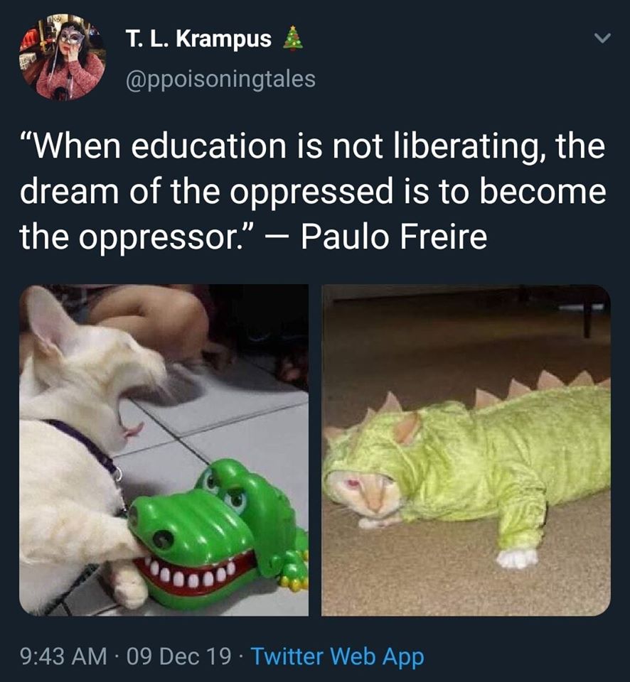 Okay, let's break down this Twitter post through the requested theoretical lenses. It’s a complex image paired with a quote from Paulo Freire, so there's plenty to unpack. ## Visual Description The Twitter post featur...