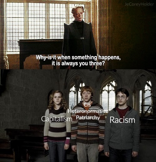 Okay, let's break down this image and its overlaid text through the lenses you’ve requested. It’s a complex image layering pop culture (Harry Potter) with critical theory, so we'll take it step-by-step. **Visual Descr...