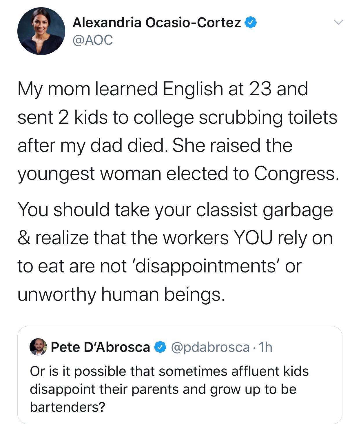 Okay, let's break down this Twitter exchange between Alexandria Ocasio-Cortez (AOC) and Pete D'Abrosca through the lens of several critical theory frameworks. I'll organize it with the requested headings, skipping sec...