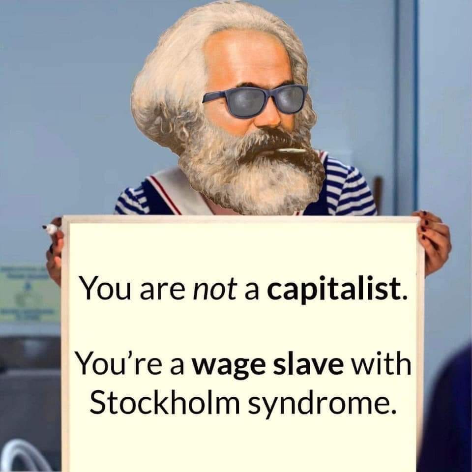 Okay, let's break down this image through the lens of various theoretical frameworks. **Visual Description** The image depicts a man, seemingly a caricature of Karl Marx (with a beard, wearing a striped shirt and sung...