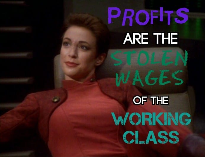 Okay, let's break down this image through the lenses you've requested. It's a fascinating combination of pop culture and political messaging. **Visual Description** The image depicts Deanna Troi (Marina Sirtis), a cha...