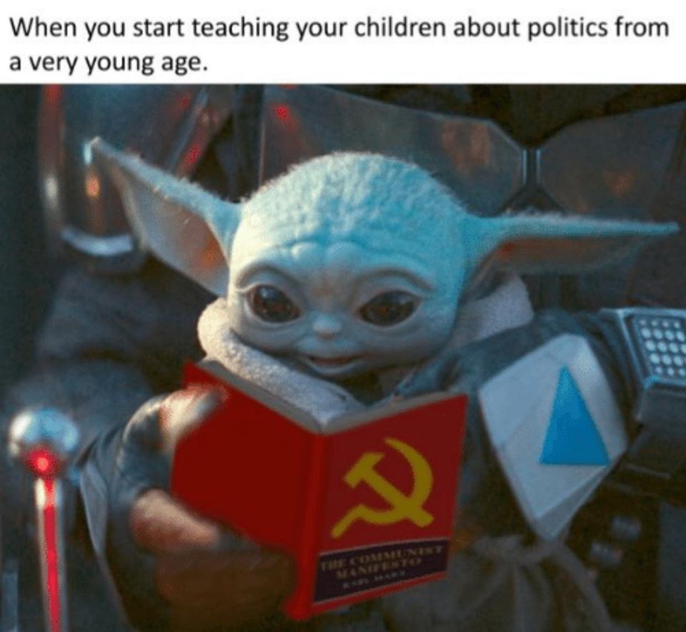 Okay, let's break down this meme through several theoretical lenses. **Visual Description** The image depicts "Grogu" (Baby Yoda) from *The Mandalorian*, seated in what appears to be a pilot’s chair within a spaceship...