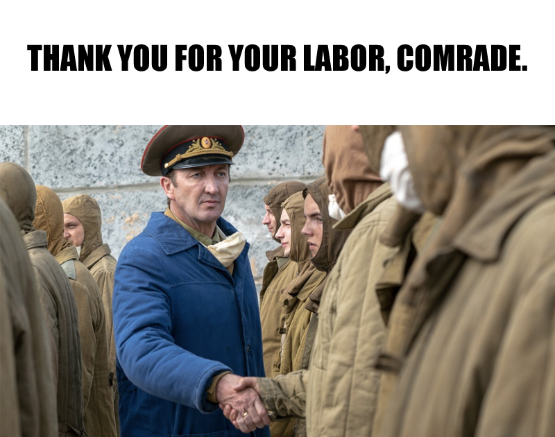 Okay, let's break down this image and the accompanying phrase "Thank you for your labor, comrade" through the lenses you’ve requested. ## Visual Description The image depicts a man in a blue coat and military cap shak...