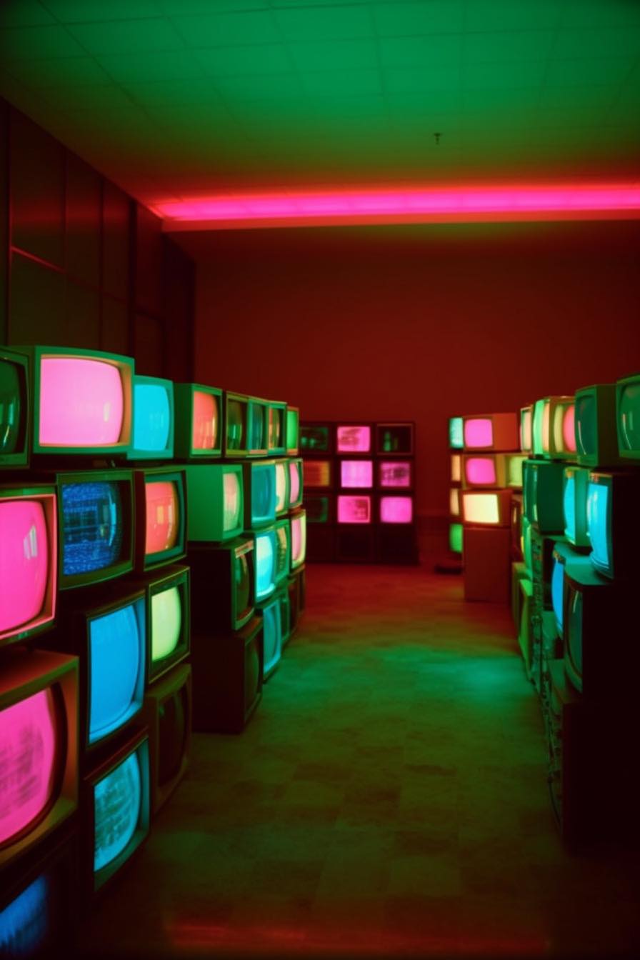 Okay, let's break down this image using the frameworks you’ve provided. ## Visual Description The image depicts a long, narrow room filled with dozens of vintage CRT televisions. The televisions are arranged in rows,...