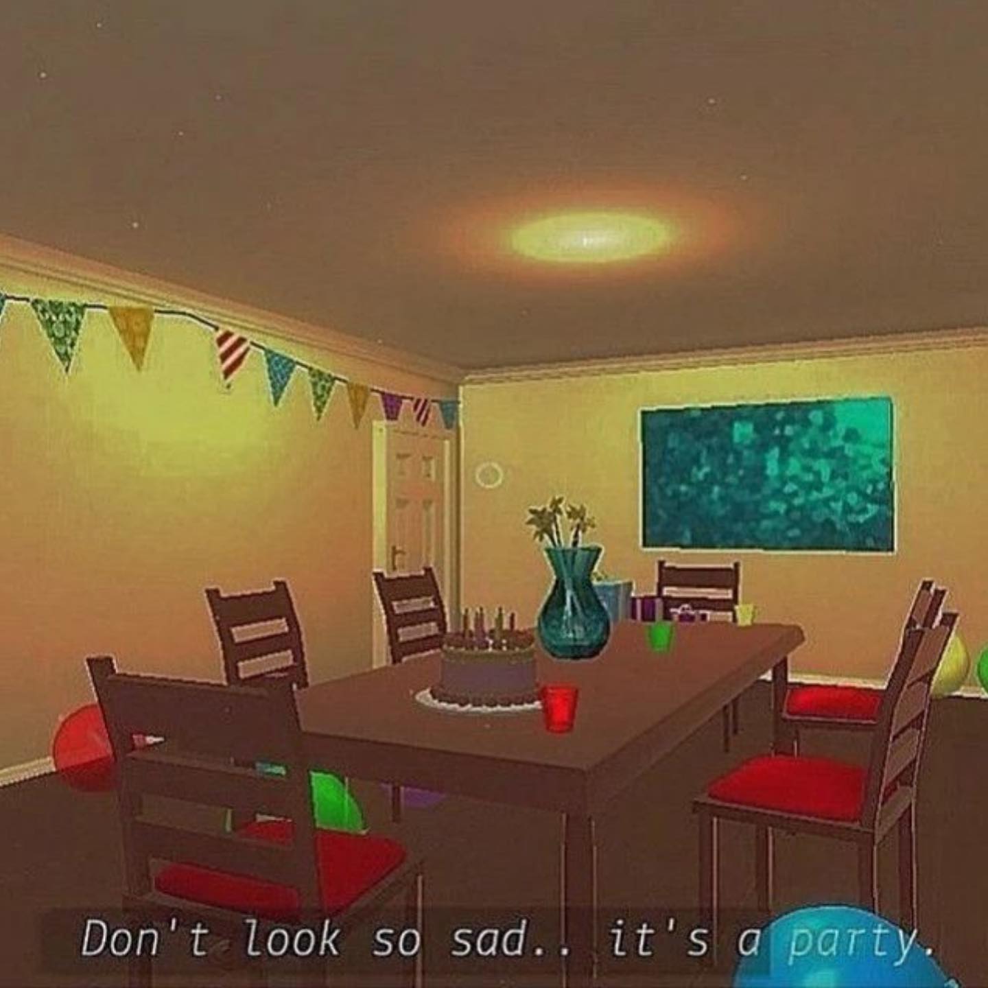 Okay, let's break down this image through several theoretical lenses. **Visual Description** The image depicts a seemingly domestic interior, specifically a dining room set for a party, but with a peculiar, unsettling...