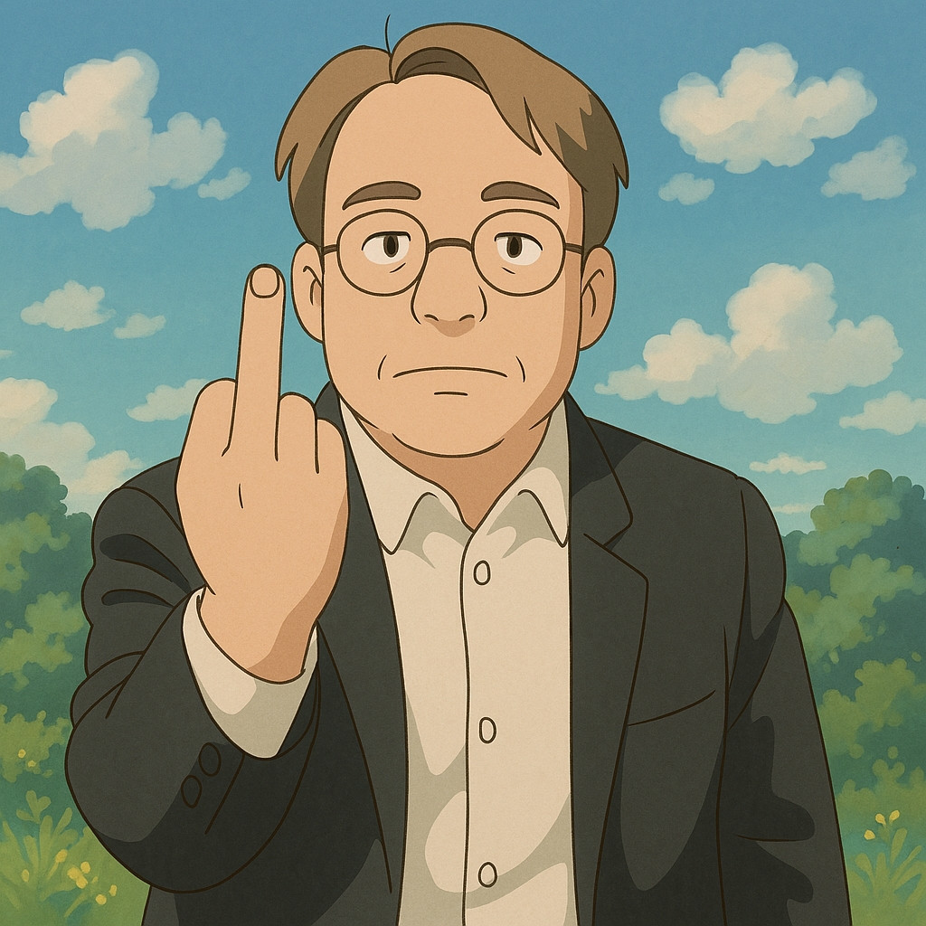 Okay, let's break down this image through the requested theoretical lenses. **Visual Description** The image is a cartoon-style depiction of a middle-aged man. He’s wearing a dark suit jacket over a white button-down...