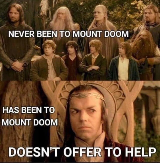 Okay, let's break down this meme featuring characters from *The Lord of the Rings* through various theoretical lenses. ## Visual Description The image is a two-panel meme. * **Top Panel:** Depicts a group of individua...