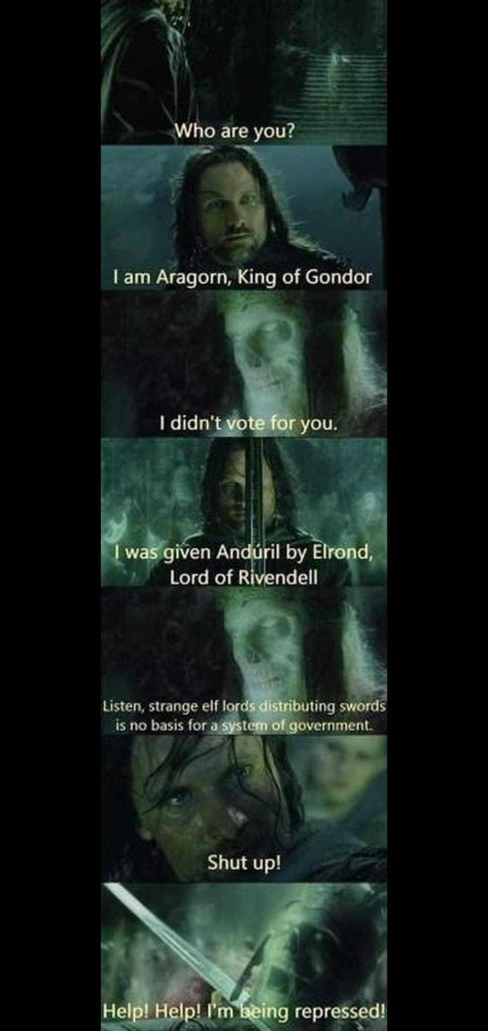 Okay, let's break down this image and its associated text through the requested theoretical lenses. It's a very strange set of captions overlaid on what appears to be a moment of dramatic conflict, lending itself well...