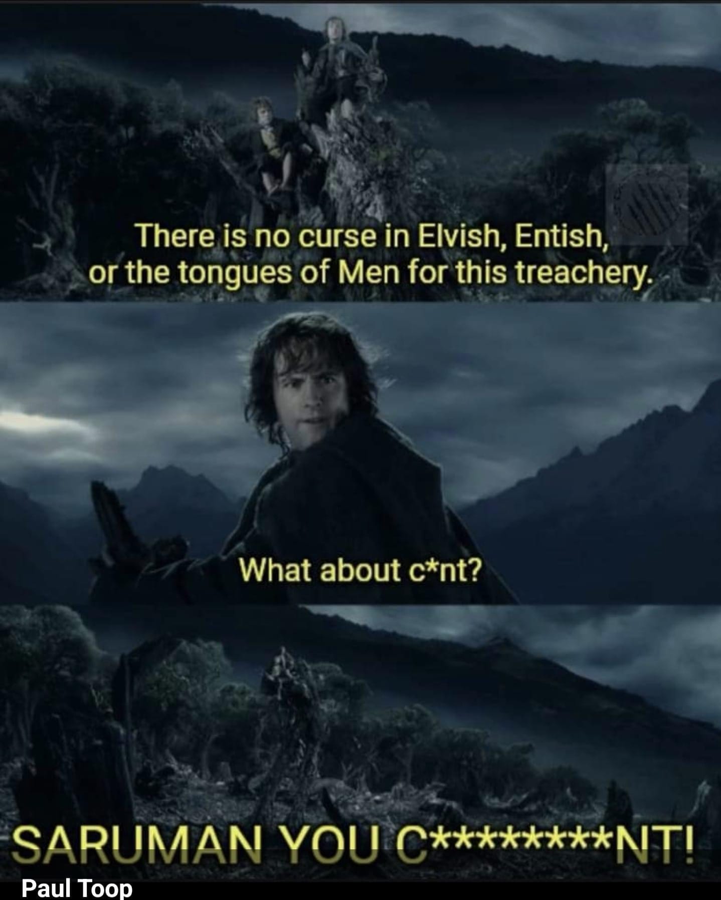 Okay, let's break down this image and its meme-like adaptation through several lenses of critical theory. Be aware that applying some of these theoretical frameworks to a comedic image based on a fantasy epic like *Lo...