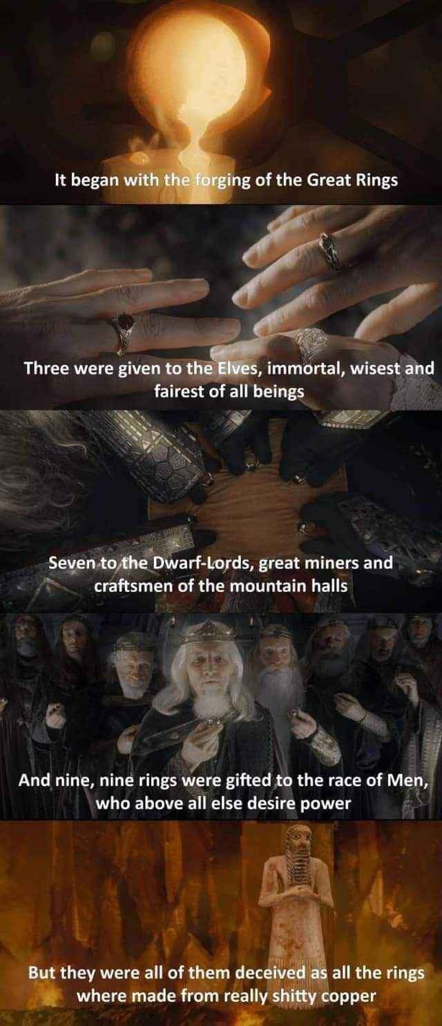 Okay, let's break down this image/text fragment from *The Lord of the Rings* opening narration (adapted into meme format) through the requested theoretical lenses. **Visual Description** The image is a collage of stil...