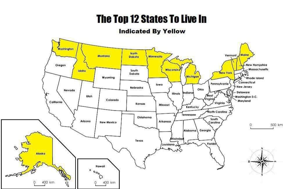 This meme is a map of the United States, where every state is colored yellow, except for a few in the western and northeastern regions. The image includes the text "The Top 12 States To Live In" above the map, and "In...