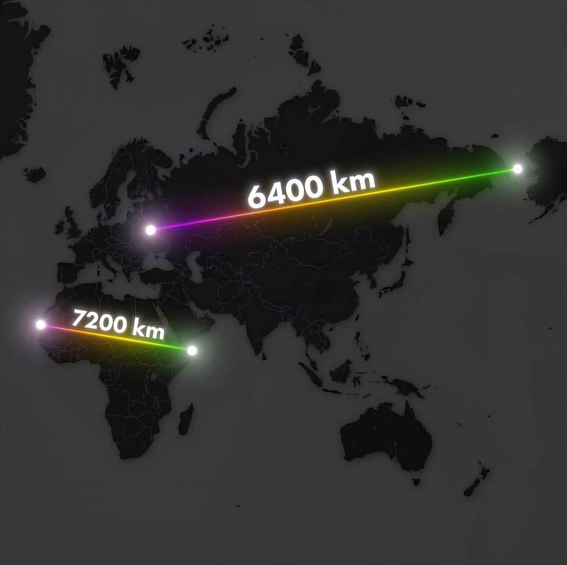 This meme mocks AI-generated maps with arbitrary or incorrect distance calculations. On the dark map shown in the image, two glowing rainbow lines connect distant points across continents—specifically linking Europe t...