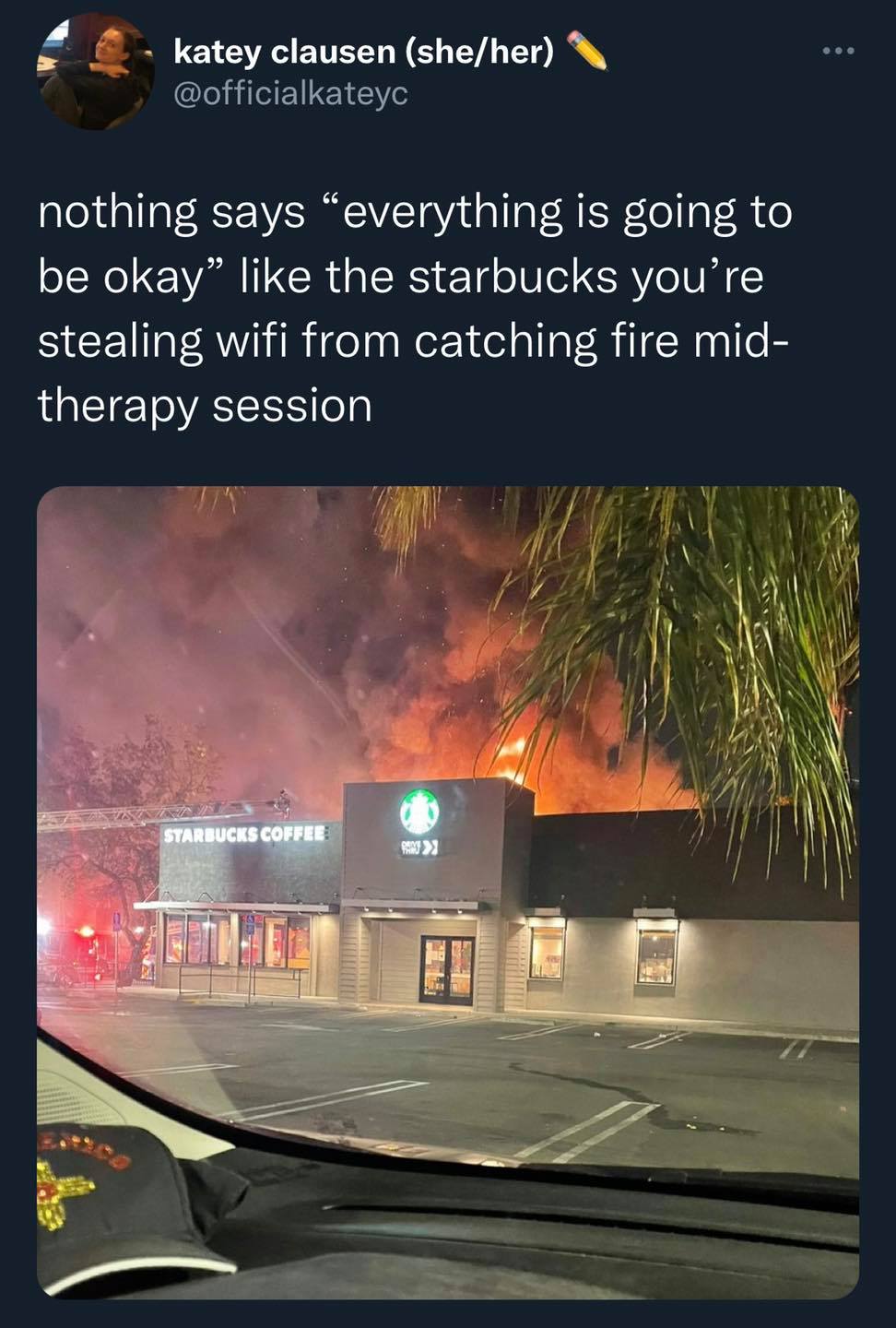 Okay, let's break down this image and the accompanying text through several critical lenses. It's a darkly humorous image with a lot of potential for analysis! **1. Visual Description** The image depicts a Starbucks c...