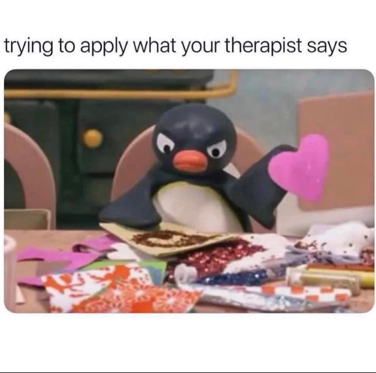 Okay, let's break down this meme through the lenses you've provided. It’s a deceptively rich image for theoretical analysis, despite its simplicity. **Visual Description** The meme features a claymation penguin (likel...