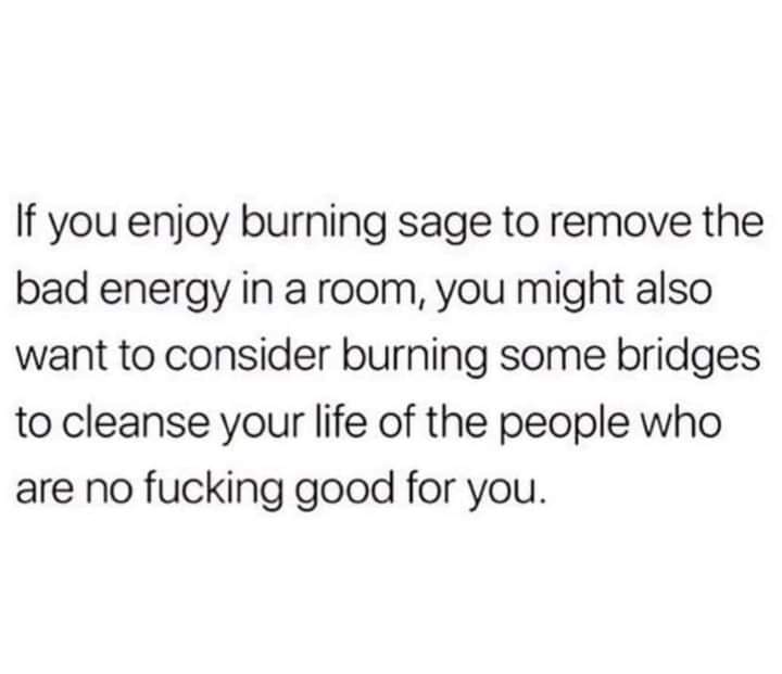 Okay, let's break down this image/text ("If you enjoy burning sage to remove the bad energy in a room, you might also want to consider burning some bridges to cleanse your life of the people who are no fucking good fo...