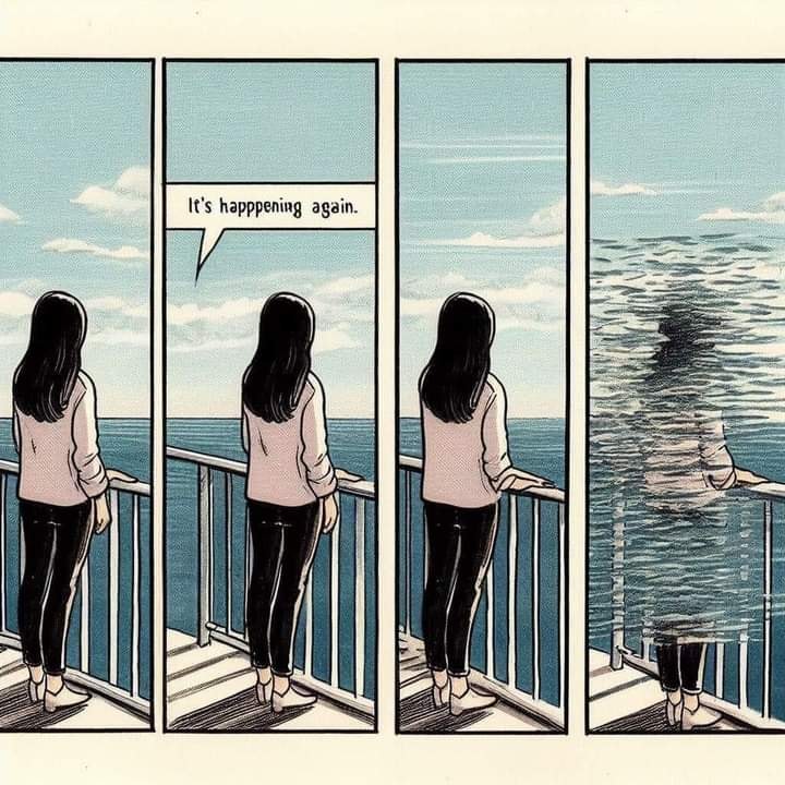 Okay, let's break down this compelling image using the requested theoretical frameworks. **Visual Description** The image is a four-panel comic strip rendered in a muted, slightly distressed style reminiscent of vinta...