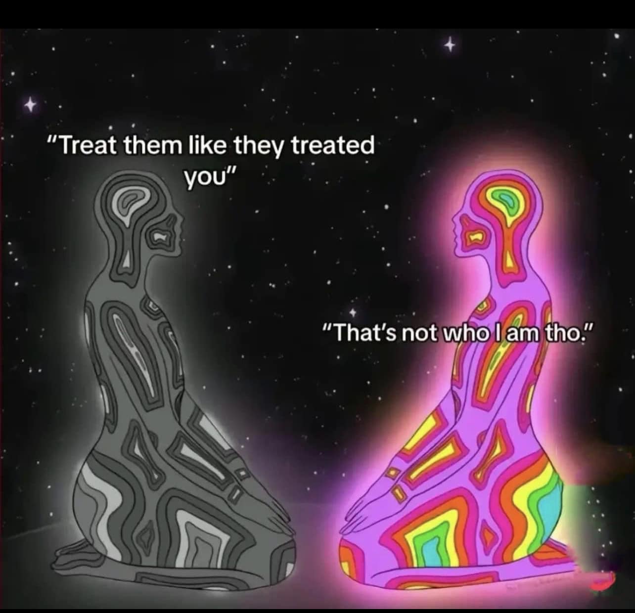 Okay, let's break down this image through several theoretical lenses. **Visual Description** The image depicts two figures in a stark contrast of color and form against a black, star-filled background. Both figures ar...